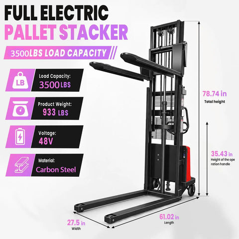 Heavy Duty Rock Solid Electric Straddle Pallet Stacker With 1.6KW Motor And 3500LB Capacity, carbon steel with dimensions 78.74" height.