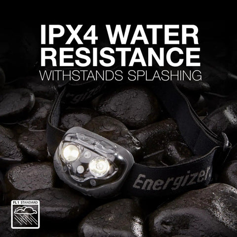 Ultra Bright LED Headlamp For Outdoors And Running, IPX4 Water Resistant, on wet rocks showcasing water resistance feature.