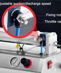 Detail of throttle valve and adjustable suction/discharge on Badass Heavy Duty Smooth Running Horizontal Pneumatic Liquid Filling Machine With 30L Hopper.