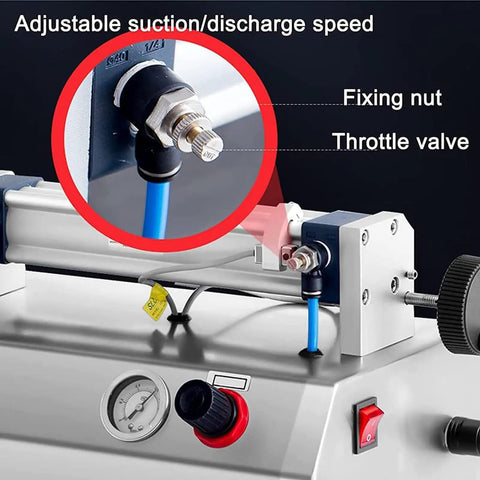 Detail of throttle valve and adjustable suction/discharge on Badass Heavy Duty Smooth Running Horizontal Pneumatic Liquid Filling Machine With 30L Hopper.