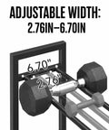 Heavy Duty 3 Tier Dumbbell Rack For Home Gym Featuring Adjustable Width Shelves Holds Up To 390 Pounds with width measurements.