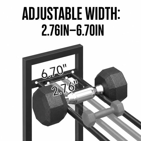 Heavy Duty 3 Tier Dumbbell Rack For Home Gym Featuring Adjustable Width Shelves Holds Up To 390 Pounds with width measurements.