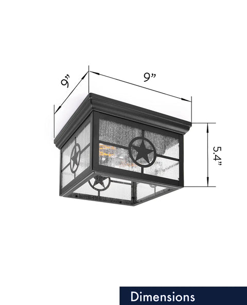 Country Star Square Two Light Farmhouse Ceiling Mount Fixture Outdoor Ready With Dusk To Dawn Photocell dimensions 9x9x5.4 inches