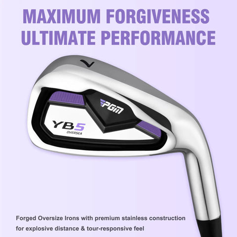 Close-up of iron from Women’s 12 Piece Complete Golf Club Set For Beginners Right Handed with 460cc Oversized Driver shown on purple background.