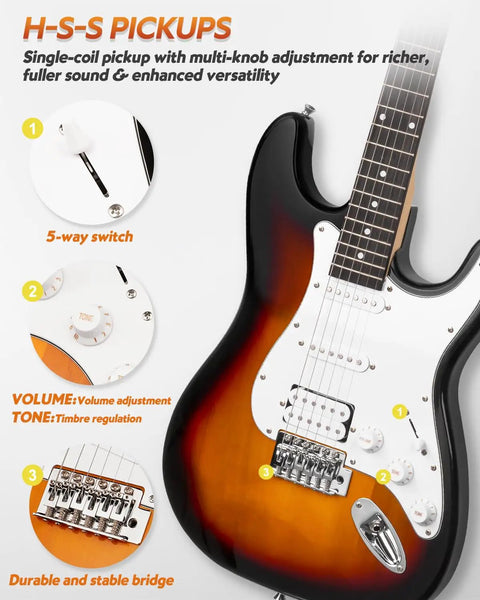 Sunburst Beginner Electric Guitar Kit 39 Inch Full Size HSS Pickup With 10W Amp Bundle Includes Gig Bag Tuner Capo Strap