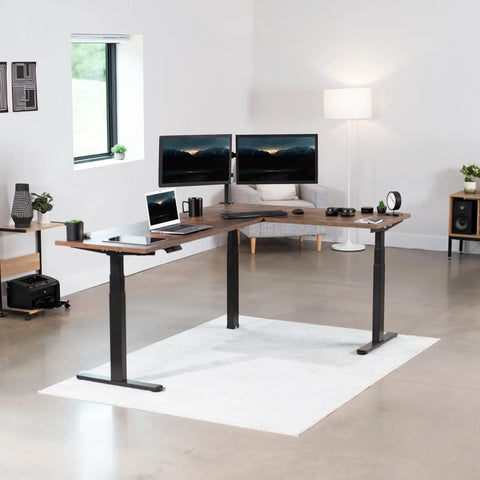 Electric Triple Motor Height Adjustable Corner Desk Frame For L Shaped Setup With 3 Legs Sit Stand Ergonomic Frame Up To 300 Lbs Black Frame Only DESK V130EB in modern office setup.