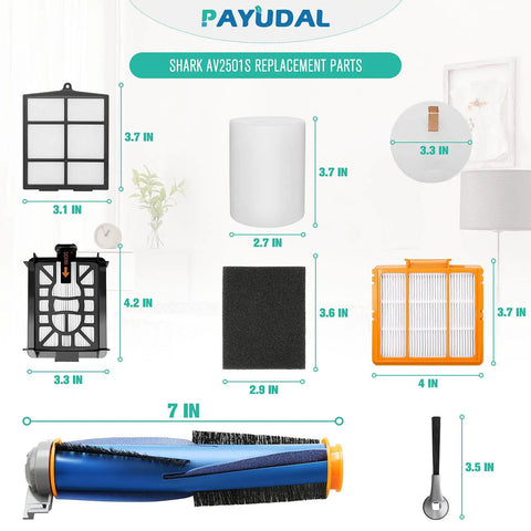 Various parts of a Replacement Parts Kit For AI Ultra Robot Vacuum With Main Brush HEPA Filter Foam Filter And Side Brush Compatible With AI Ultra Series Robots displayed with dimensions.
