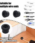 Image showing Six Pack 12mm Black Cable Grommets For Desks And Tables Rubber Desk Grommets, wire organization on desk.