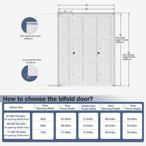 Diagram of White Bifold Sliding Interior Closet Doors For 72 By 80 Inch Opening, showcasing door sizes and installation measurements.
