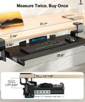 Under Desk Keyboard Tray With 60 Degree Swivel Clamp And Height Adjustment For Corner Desks, 25.6 By 11.8 Inch Slide Out Keyboard Mouse Platform shown under desk setup with measurements.