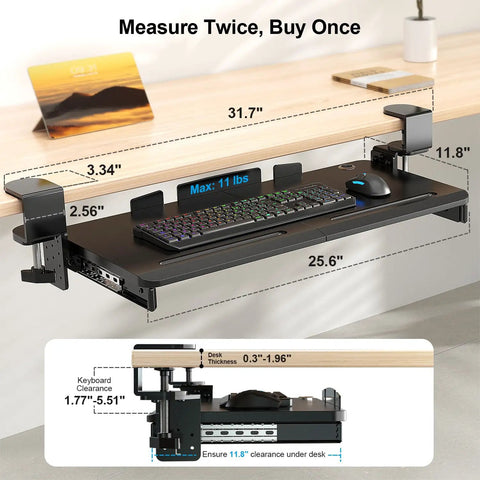 Under Desk Keyboard Tray With 60 Degree Swivel Clamp And Height Adjustment For Corner Desks, 25.6 By 11.8 Inch Slide Out Keyboard Mouse Platform shown under desk setup with measurements.
