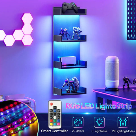 Multi Tier Floating Wall Shelves With Glowing RGB LED Lights And Sleek Black Frame For Wall Mounted Home Storage Vibes That Are Straight Up Dope And Legit Solid
