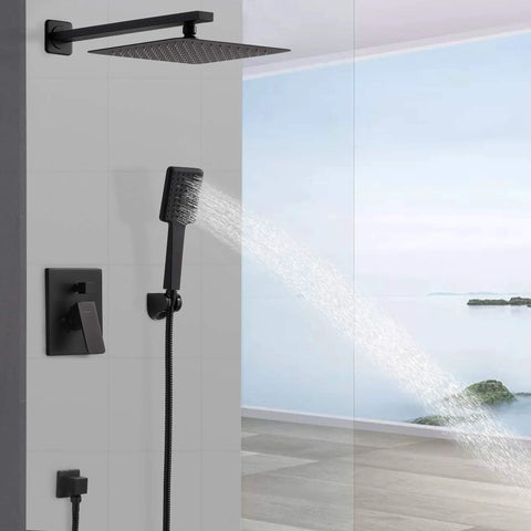 Matte Black 10 Inch Rainfall Shower Head With Boss High Pressure Handheld Kit in use, wall mount