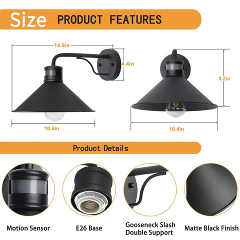 Outdoor Barn Lights With Motion Sensor 10 Inch Industrial Exterior Wall Light Rugged Waterproof Matte Black For Porch Garage Patio House Automatic Dusk To Dawn Lighting Bulb Not Included showing size and features.