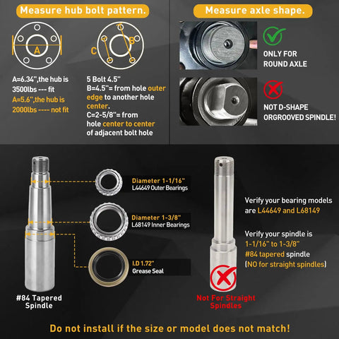 Measuring guide for Sweet Heavy Duty 2 Pack Boat Trailer Idler Hub Kit 3500 Lbs, spindle specifications and bolt patterns.