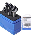 Pro Grade Countersink Drill Bit Set 5 Piece M2 High Speed Steel With 82 Degree Countersink in blue storage case
