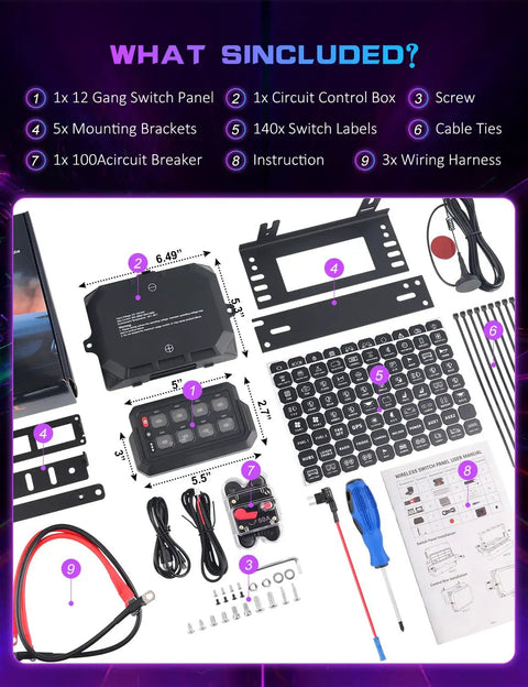 Wireless Switch Panel 12V 8 Gang With Remote Control, 165 Feet Range, RGB Waterproof Multifunction Toggle Momentary Strobe Relay System Box For Off Road Trucks, SUVs, UTVs, And RVs components including labels and wires