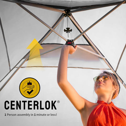 Person using Centerlok feature on 10x10 Pop Up Canopy Tent With One Side Wall For Beach Parties Camping And Events Fast One Push Centerlok Setup