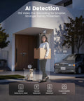 Woman with package outside modern house using All In One Dope Smart Door Lock With Camera And Video Doorbell, 3 In 1 WiFi system.