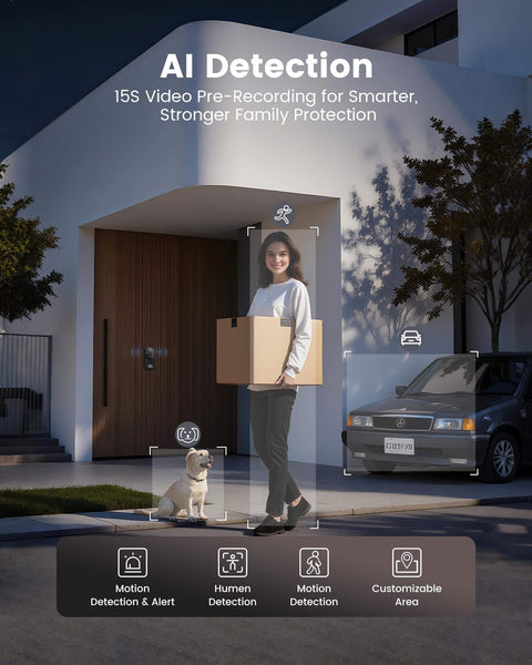 Woman with package outside modern house using All In One Dope Smart Door Lock With Camera And Video Doorbell, 3 In 1 WiFi system.