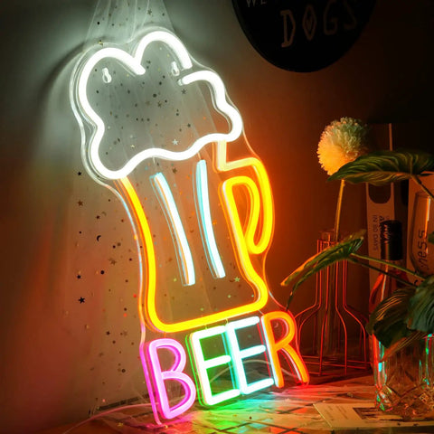 Colorful Beer Mug Neon Sign Led Neon Light For Wall Decor USB Powered 16.5 By 10.1 Inch glowing in indoor setting
