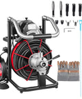 Heavy Duty Electric Sewer Auger And Drain Cleaner Machine featuring 100 Ft Half Inch Steel Cable and 550W High Torque Motor side view with tools.