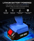 Heavy Duty 65Mm Cordless Hydraulic Cable Cutter With Charging Base's lithium battery on a blue base, showcasing power and features.