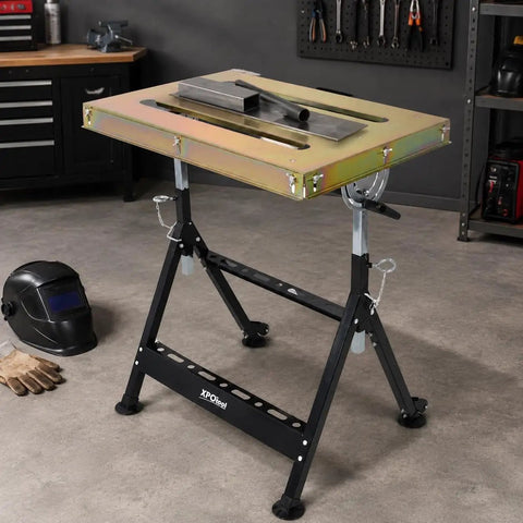 Heavy Duty Welding Table 36x18 Inch Portable Workbench On Wheels With Braking Lockable Casters in a workshop setting.