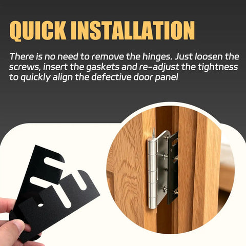 Quick installation of 30 Pack 4 Inch Door Hinge Shims Kit for fixing sagging doors, using black PVC shims on a wooden door hinge.