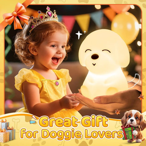 Young girl in a yellow dress holding Cute Puppy Night Light For Kids With 16 Colors And Dual Brightness Levels 30 And 60 Minute Timer Soft Silicone Nursery Lamp Rechargeable 1200mAh 10 Hours Use Kid Approved Room Decor Gift For Boys And Girls