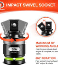 3/4 Inch Drive Universal Joint Socket Adapter Set showing black chrome moly steel swivel socket with 30° working angle and 360° rotation.