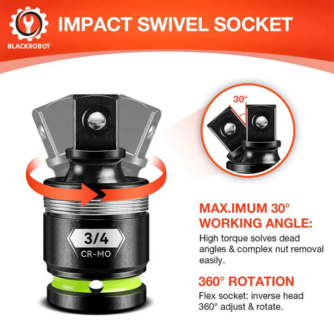 3/4 Inch Drive Universal Joint Socket Adapter Set showing black chrome moly steel swivel socket with 30° working angle and 360° rotation.
