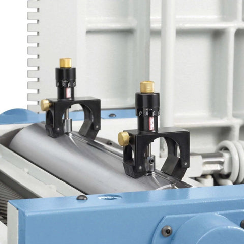 Pro Grade Adjustable Magnetic Planer Jointer Knife Vernier Setter Jig Gauge shown installed on cutter block