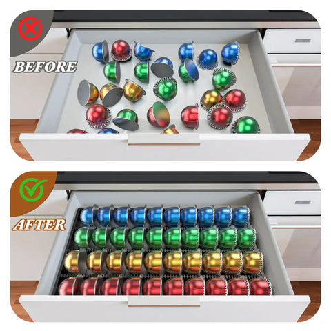 Easy-Access Drawer Style Coffee Pod Organizer For Countertop fits Nespresso Vertuo Capsules VertuoLine Slim Space-Saving drawer before and after