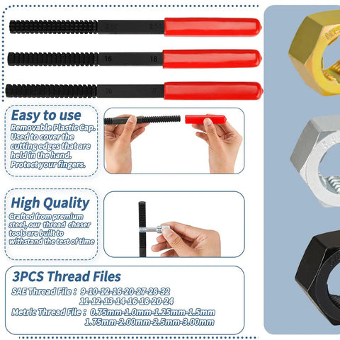 Close-up of Heavy Duty 49 Piece Thread Chaser Kit with 22 Taps and 24 Dies plus 3 Thread Files for Metric and SAE Threads.