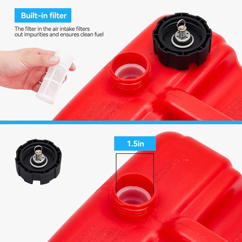 Portable Boat Gas Tank 3 Gallon 12L with transfer hose and gauge, shown with built-in filter feature on red tank.