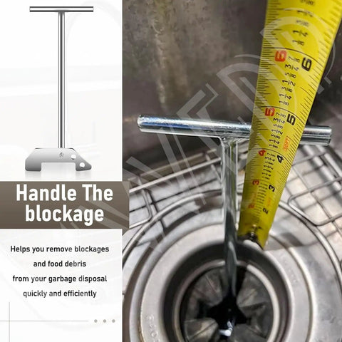 Extended Grip Garbage Disposer Unjamming Wrench for Waste King and Moen Disposals shown unclogging a kitchen sink