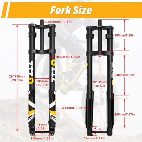 29 Inch Mountain Bike Air Inverted Front Fork With 200mm Travel Thru Axle 15x110 Double Crown MTB Suspension dimensions