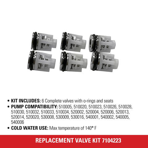 Simpson Cleaning 7104223 replacement valve kit for pressure washer pumps; six white valve assemblies with O-rings