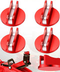 Universal Aluminum Grooved Magnetic Jack Pads 4 Pack With Pinch Weld Adapters visible in red anodized finish for vehicle lifting.
