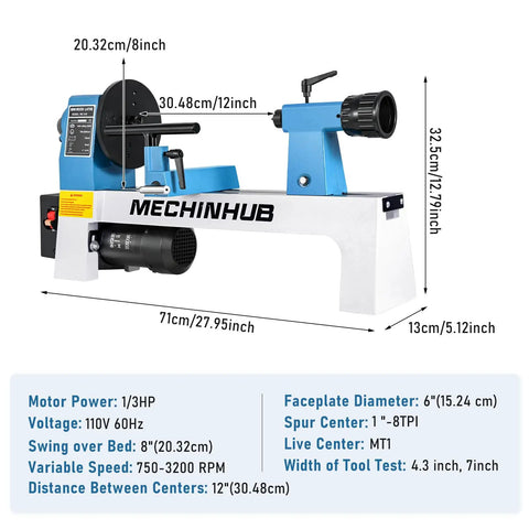 Compact Benchtop Wood Lathe 8x12 Inch Bed 1/3 HP With Infinitely Variable Speed 750-3200 RPM MT1 Spindle And Tailstock Tapers