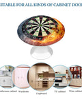 Decorative cabinet knob with dartboard design, suitable for various cabinet doors shown below.
