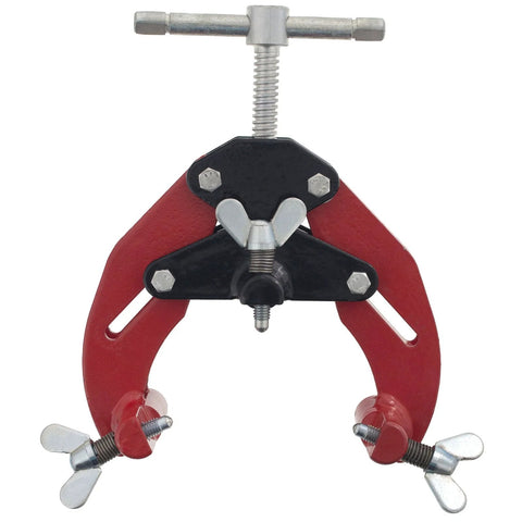 Front view of a PDQ pipe clamp with red jaws, black mounting plate, wing-nut ends, and a top T-handle screw.