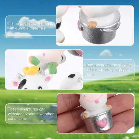 8-piece cow dashboard ornament set for cars; hand-painted white cows with silver cups for car interior decor.