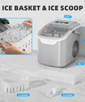 No Sweat Countertop Ice Maker With Rapid Six Minute Freezing And Daily Twenty Six Pound Output showing ice basket and scoop.