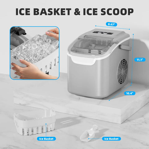 No Sweat Countertop Ice Maker With Rapid Six Minute Freezing And Daily Twenty Six Pound Output showing ice basket and scoop.