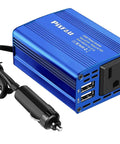 Road Trip Ready 150W Car Power Inverter Dc 12V To 110V Ac Converter with dual USB ports and cigarette lighter plug.