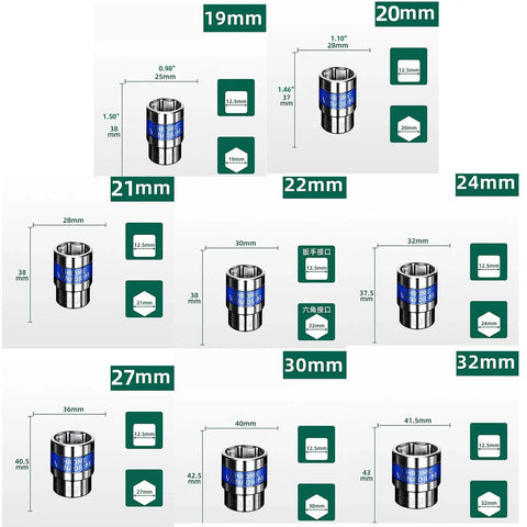 8 Piece Hex Socket Wrench Bit Set With No Slip Grip And Slick Chrome Finish Heavy Duty Precision Drive Bits 19mm to 32mm sizes shown.