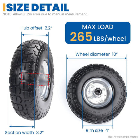 Flat Free 10 Inch Solid Replacement Tire Wheel For Gorilla Cart Hand Truck Garden Cart with Size Details and Max Load