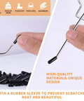 Close-up of Heavy Duty Pro Grade Metal Pegboard Hooks 25 Pack, 4 Inch Peg Board Hangers with black rubber tips, galvanized finish.